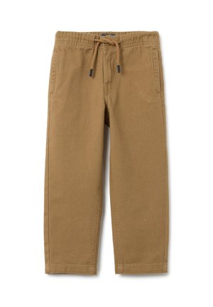 Bruine katoenen broek met een elastische tailleband, trekkoordsluiting en zijzakken. Recht model met een gladde afwerking.