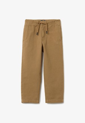 Pantalons en coton marron avec une taille élastique, fermeture à cordon, et poches latérales. Conception à jambe droite avec une finition lisse.
