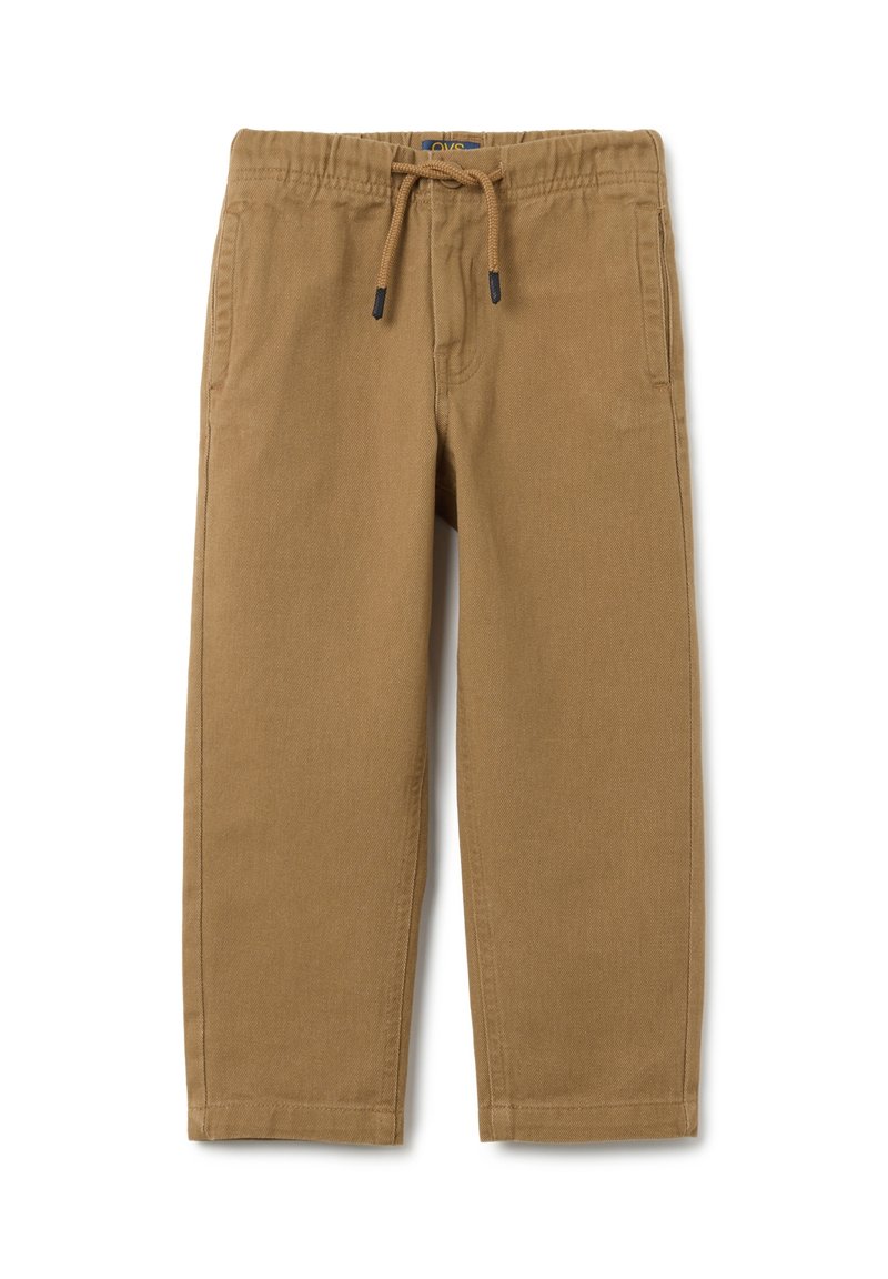 Bruine katoenen broek met een elastische tailleband, trekkoordsluiting en zijzakken. Recht model met een gladde afwerking.