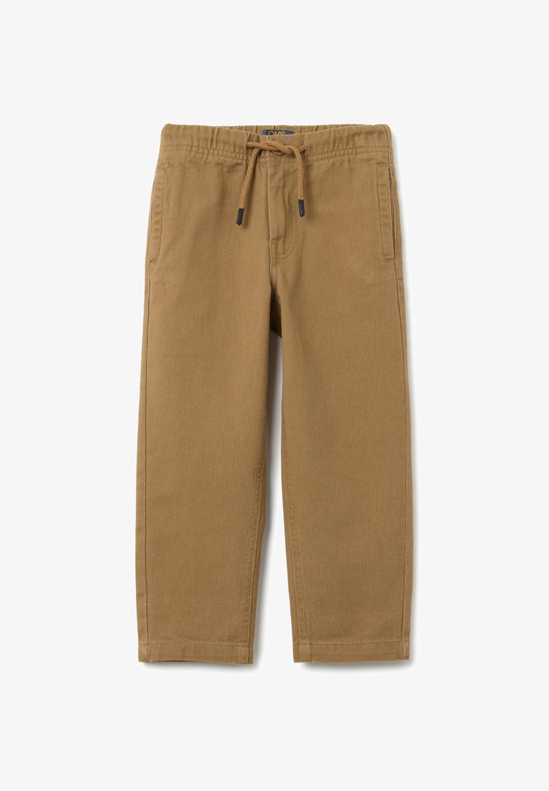 Bruine katoenen broek met een elastische tailleband, trekkoordsluiting en zijzakken. Recht model met een gladde afwerking.