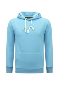 Lichtblauwe hoodie van katoen. Voorzien van een voork pocket, verstelbare trekkoordcapuchon, ribbels aan de manchet en een gladde textuur.