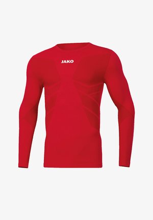 Langärmliges Athletikshirt in leuchtendem Rot, mit JAKO-Logo, strukturierten Einsätzen und einer taillierten Passform, die sich dem Körper anpasst.