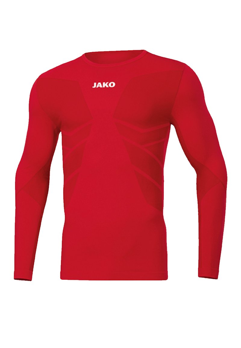 Maglietta atletica a maniche lunghe di colore rosso brillante, con logo JAKO, pannelli testurizzati e un design aderente che si adatta al corpo.
