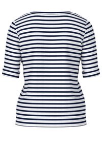 Navy and white striped t-shirt, 3/4 sleeves, round neckline, cotton material, fitted shape with rolled sleeve cuffs, smooth texture.
