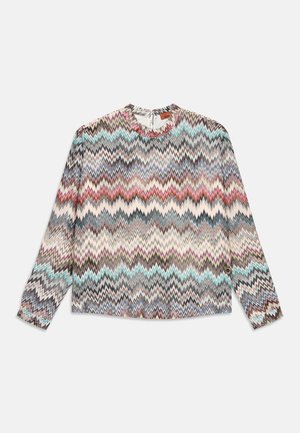 Langarmtop met een gekleurde zigzagpatroon in tinten roze, blauw en zwart; ronde halslijn; lichtgewicht stof.