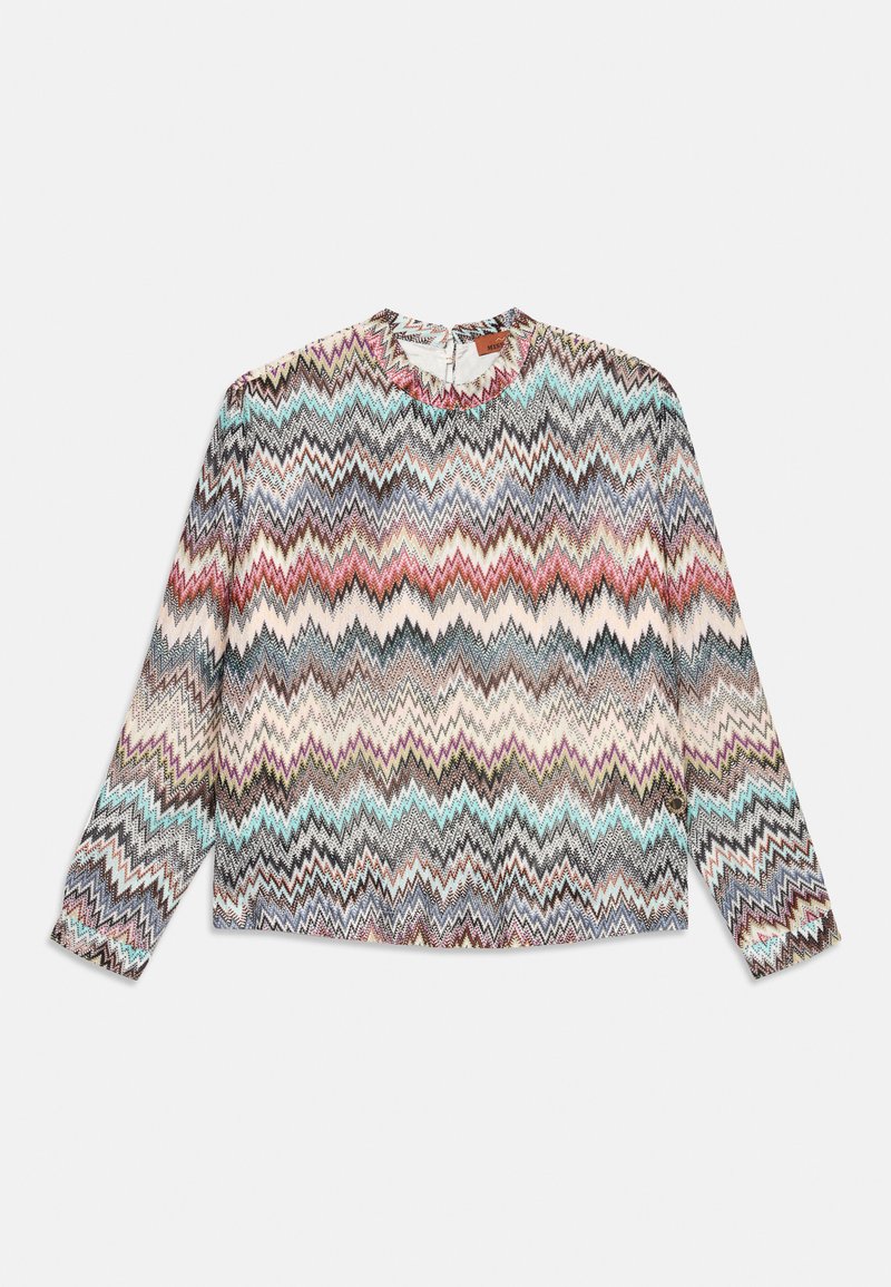 Long-sleeve top featuring a multicolored zigzag pattern with shades of pink, blue, and black; round neckline; lightweight fabric.
