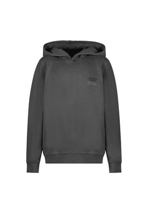 Donkergrijze hoodie met een relaxte pasvorm, ribgebreide boorden en onderkant, met een subtiele geprinte logo op de borst. Soepele textuur.