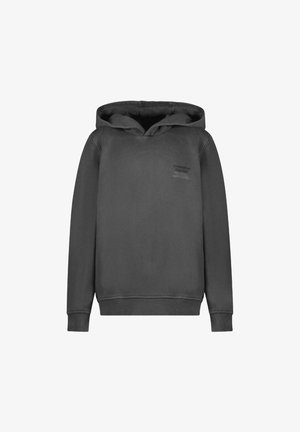 Donkergrijze hoodie met een relaxte pasvorm, ribgebreide boorden en onderkant, met een subtiele geprinte logo op de borst. Soepele textuur.