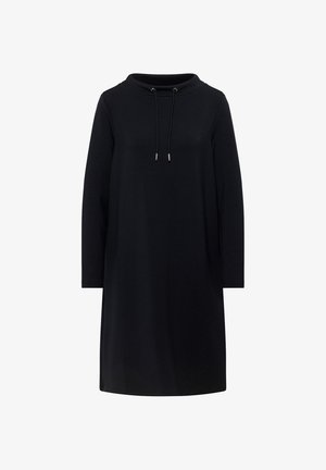 Langärmliges schwarzes Freizeitkleid mit hohem Kragen und Kordelzug am Ausschnitt, knielang mit gerader Silhouette.