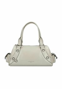 Borsa in pelle color crema con doppi manici, accessori circolari in metallo e design strutturato, caratterizzata da logo del marchio impressa.