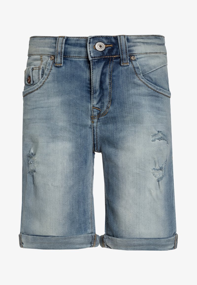 Shorts en denim bleu clair avec des zones décolorées, des ourlets roulés et une légère usure. Dotés de poches standard et d'une fermeture à bouton à la taille.