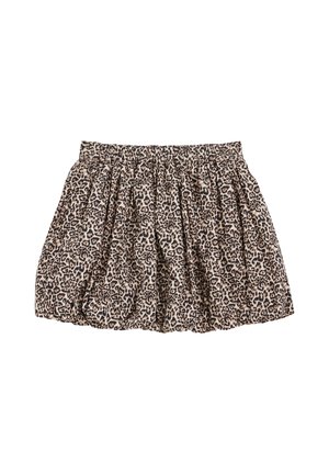 Sukňa s leopardím vzorom, elastickým pásom, s riasenou textúrou a svetlo béžovým pozadím so tmavohnedými škvrnami. Dĺžka sukne je nad kolená.