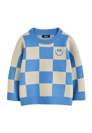 Blå og beige ternet langærmet sweater med ribbet manchet og kant, med et lille blinkende smiley-ansigt på brystet.