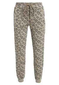 Hellbraune Sweatpants mit einem grauen Leopardenmuster. Mit Seitentaschen, einem Kordelzugbund und elastischen Bündchen an den Knöcheln.