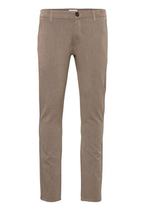 Bordeauxkleurige op maat gemaakte broek van een gestructureerde stof, met een sluiting met knoop aan de voorkant, twee zijzakken en taps toelopende pijpen.