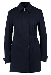 Námořnický modrý kabát střední délky s límcem, zapínáním na knoflík a zip, dlouhými rukávy s manžetami na knoflík a bočními kapsami.