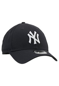 Black baseball cap made of cotton, featuring a white embroidered "NY" logo on the front, and a curved brim with a textured surface.
