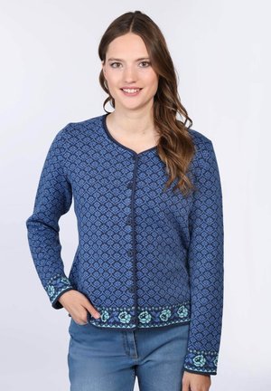 Blau gemusterte Strickjacke aus weichem Stoff mit Rundhalsausschnitt, Knopfverschluss und dekorativen grünen Blumenakzenten an den Ärmeln und dem Saum.