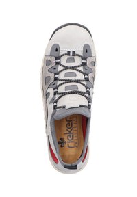 Gray suede shoe with elastic laces, red accents, and a textured sole. Inside features a beige footbed with branding.