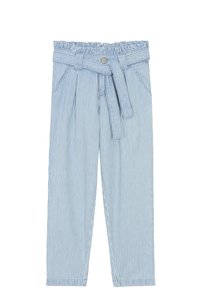 Pantalons rayés bleu et blanc avec une taille volantée, design ceinturé, poches latérales et coupe fuselée décontractée.