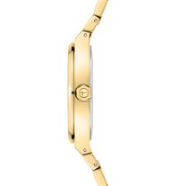 Goudkleurig metalen horloge met een glad, gepolijst kast, ronde vorm en een eenvoudige kroon, voorzien van een schakelarmband ontwerp.