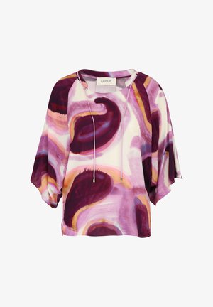 Luźna bluzka z lekkiego materiału, z wzorem w wirujące kształty w kolorach fioletowym, różowym i pomarańczowym. Zawiera sznurek w dekolcie.