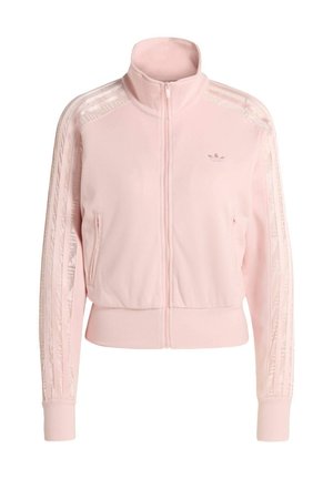 Light pink zip-up track jacket with high collar, ribbed cuffs, two front pockets, and lace-patterned stripes on sleeves.