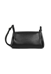 Borsa a tracolla in pelle nera con superficie texture, forma rettangolare e una corta tracolla removibile. Caratterizzata da dettagli cuciti e un design minimalista.