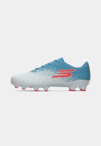 Blue and white soccer cleat with red logo and studs, designed for firm ground, side view on a white background.