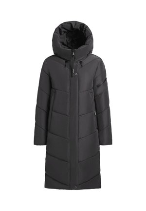 Črna jakna s podlogo in velikim kapuco, z zadrgo, stranskimi žepi in geometrijskim vzorcem na tkanini.