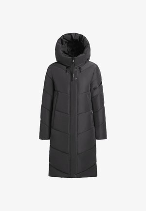 Črna jakna s podlogo in velikim kapuco, z zadrgo, stranskimi žepi in geometrijskim vzorcem na tkanini.