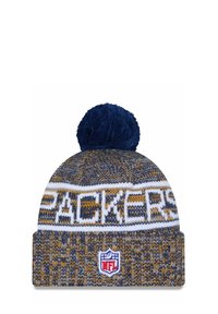Strickmütze in Marineblau, Gold und Weiß. Mit "PACKERS" in großen Buchstaben, einem strukturierten Muster und einem Pom-Pom oben. NFL-Logo am Bund.