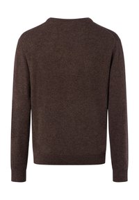 Brauner gestrickter Pullover mit rundem Ausschnitt, langen Ärmeln und einer glatten Textur. Verfügt über ein einfaches Design mit gerippten Bündchen und Saum.