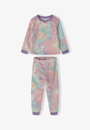 Kétrészes pizsamakészlet pasztell színekben, puha, textúrált anyagból, unikornis és csillag mintával. Hosszú ujjú felsőt és nadrágot tartalmaz.