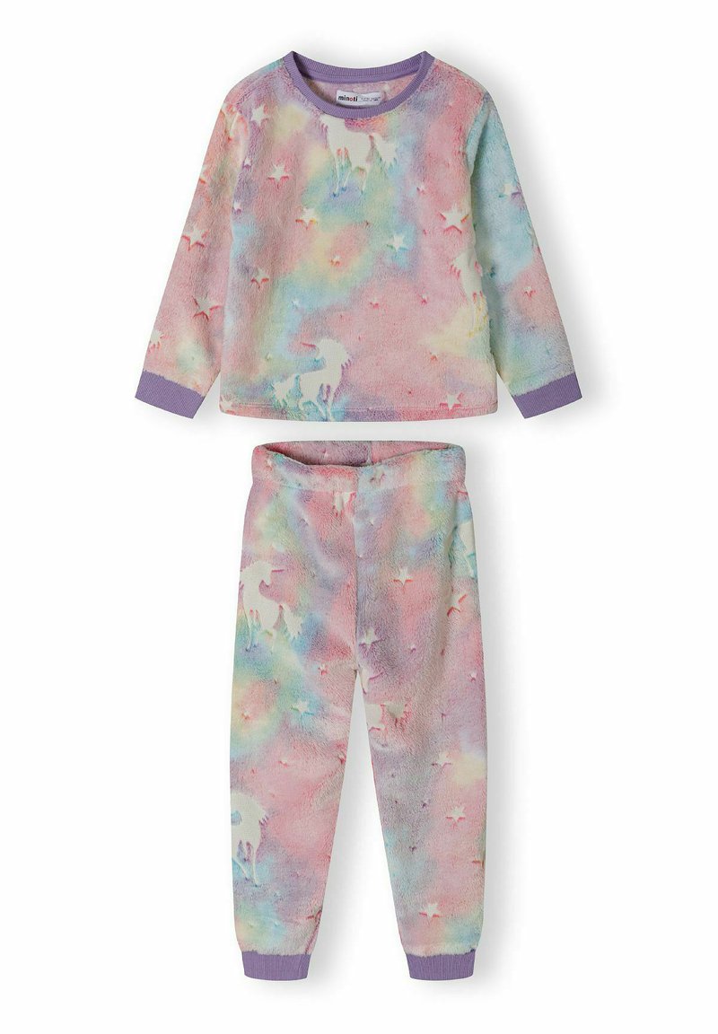 Zweiteiliges Schlafanzugset in sanften Farben, gefertigt aus einem weichen, strukturierten Material mit einem Einhorn- und Sternmuster. Enthält ein Langarmoberteil und eine Hose.