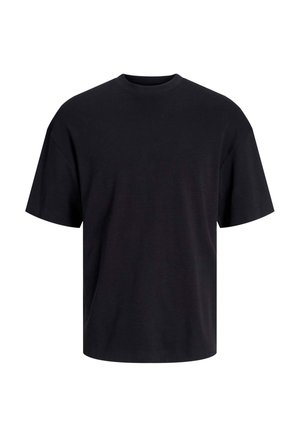 T-shirt en coton noir avec un col ras du cou, des manches courtes et une coupe décontractée. Texture lisse sans motifs ni accents visibles.