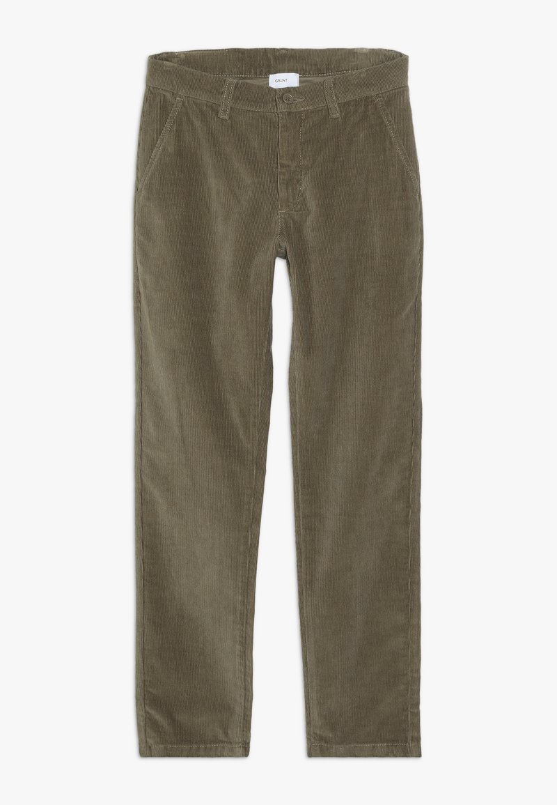 Pantalon en velours côtelé vert olive avec fermeture à bouton et zip, passants de ceinture et poches latérales, posé à plat sur fond blanc.