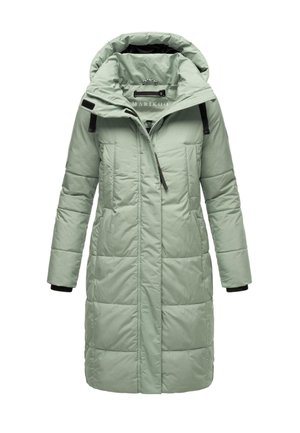 Jachetă de iarnă căptușită, de culoare verde deschis, cu glugă, două buzunare pe piept și fermoar frontal. Include accesorii negre și manșete elastice.