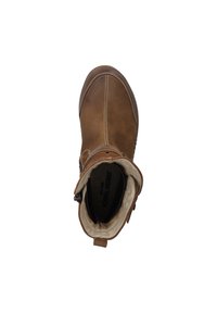 Brown leather ankle boot with a rounded toe and decorative stitching, featuring a soft interior lining and a small pull tab on the back.