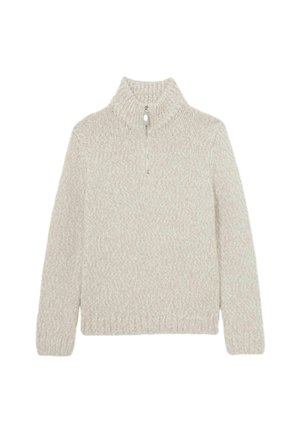 Helebeež värvi kootud kampsun kõrge soonikuga krae, poole lukuga ja tekstuurse mustriga. Varrukad ja alumine äär on soonikkoes.