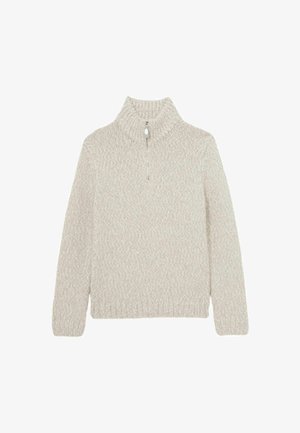 Gaiši bēšs adīts džemperis ar augstu ribotu apkakli, pusi rāvējslēdzēja un teksturētu rakstu. Piedurkņu gali un apakša ir ribota.