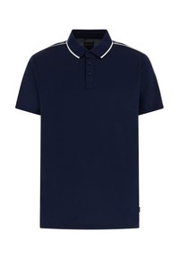 Marineblaues Poloshirt aus glattem Stoff, mit Kragen, einer Knopfleiste mit drei Knöpfen und weißen gestreiften Akzenten auf den Schultern.