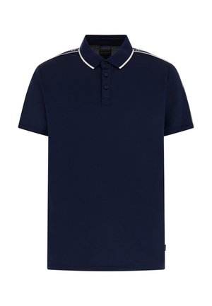 Tume sinine polo särk, mis on valmistatud siledast kangast, kaelakaarega, kolme nupuga kinnituse ja valgete triibuliste aktsentidega õlgadel.