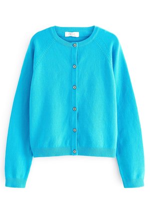Cardigan pour femmes bleu vif à manches longues avec encolure ronde et six boutons sur le devant, présenté sur un fond blanc.
