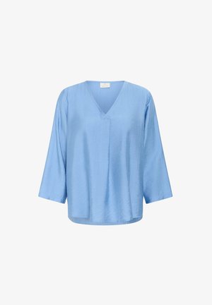 Blouse bleu clair en V avec des manches 3/4, fabriquée à partir d'un tissu texturé. Coupe ample avec un ourlet droit, peu de détails.