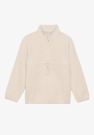 Fleece puloveris off-white krāsā, ar pus-zipa apkakli, garām piedurknēm un priekšējo kabatu ar auklu regulēšanai. Mīksta tekstūra.