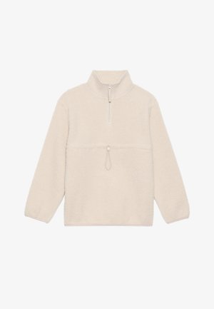 Fleece pullover in off-white, featuring a half-zip neck, long sleeves, and a front pocket with a drawstring for adjustment. Soft texture.