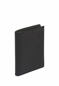 Billetera de cuero negro con acabado texturizado, diseño tipo bi-fold y costuras visibles. Forma compacta con bordes redondeados. Sin marcas visibles.