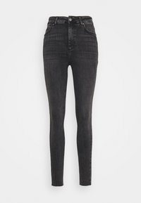 Jeans skinny em denim cinza escuro, com uma cintura alta, fecho de botão e bainha desfiada. Textura suave com um leve desvanecimento ao longo das pernas.