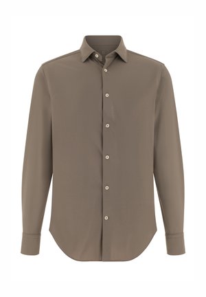 Košile s dlouhými rukávy světle hnědé barvy s klasickým límcem, zapínáním na knoflíky, zaobleným lemem a zapínáním na knoflíky na manžetách, vyrobená z hladké a lehké tkaniny.